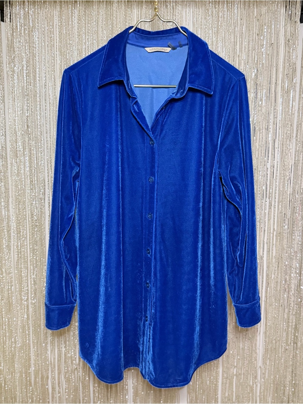 Soft Surroundings Blue Velvet Boyfriend Tunic Top Button-Down Shirt M